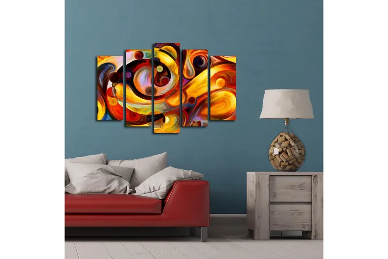 Suuri 5-osainen canvas-taulu 105x70 cm - Värikäs abstrakti sommitelma pyöreillä muodoilla - Punainen / Keltainen / Oranssi - Sisustustuotteet - Taulu & taide - Canvas-taulu