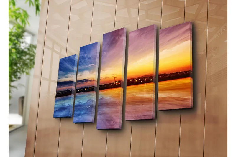 Suuri 5-osainen canvas-taulu 105x70 cm - Värikäs auringonlasku kaupungin siluetin yllä - Sininen / Oranssi / Violetti - Sisustustuotteet - Taulu & taide - Canvas-taulu