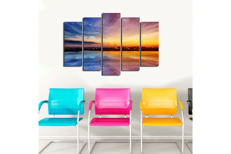Suuri 5-osainen canvas-taulu 105x70 cm - Värikäs auringonlasku kaupungin siluetin yllä - Sininen / Oranssi / Violetti - Sisustustuotteet - Taulu & taide - Canvas-taulu