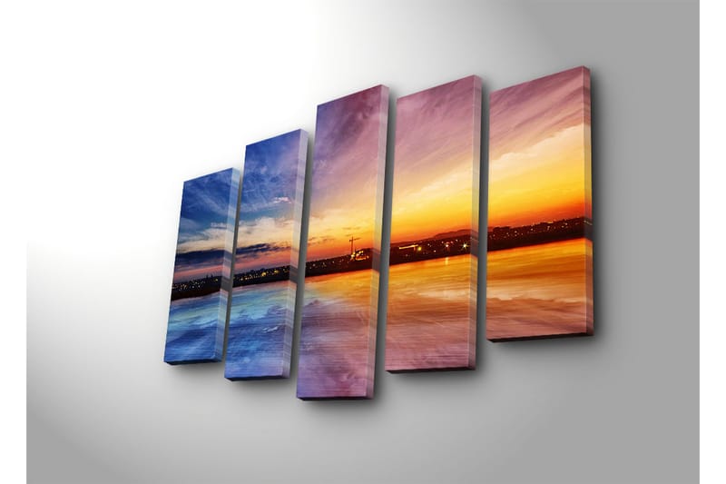 Suuri 5-osainen canvas-taulu 105x70 cm - Värikäs auringonlasku kaupungin siluetin yllä - Sininen / Oranssi / Violetti - Sisustustuotteet - Taulu & taide - Canvas-taulu
