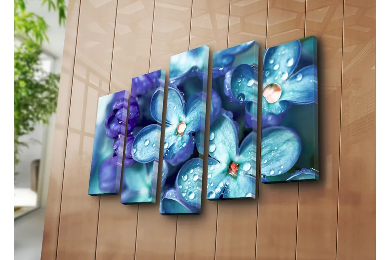 Suuri 5-osainen canvas-taulu 105x70 cm - Värikäs kokoelma kukkia ja vesipisaroita - Sininen / Violetti / Vihreä - Sisustustuotteet - Taulu & taide - Canvas-taulu