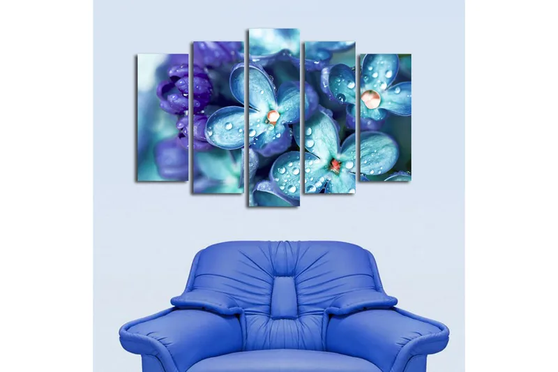 Suuri 5-osainen canvas-taulu 105x70 cm - Värikäs kokoelma kukkia ja vesipisaroita - Sininen / Violetti / Vihreä - Sisustustuotteet - Taulu & taide - Canvas-taulu