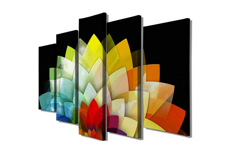 Suuri 5-osainen canvas-taulu 105x70 cm - Värikäs kukka-asetelma geometrisilla muodoilla, Vihreä / Keltainen / Punainen