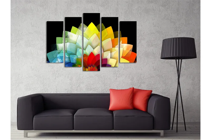 Suuri 5-osainen canvas-taulu 105x70 cm - Värikäs kukka-asetelma geometrisilla muodoilla - Vihreä / Keltainen / Punainen - Sisustustuotteet - Taulu & taide - Canvas-taulu