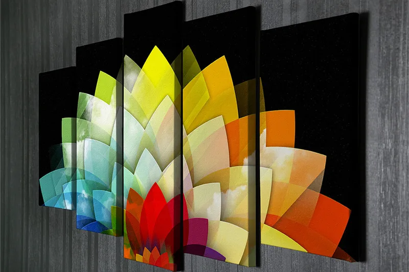 Suuri 5-osainen canvas-taulu 105x70 cm - Värikäs kukka-asetelma geometrisilla muodoilla - Vihreä / Keltainen / Punainen - Sisustustuotteet - Taulu & taide - Canvas-taulu