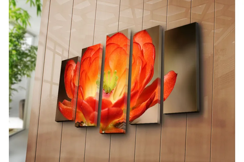 Suuri 5-osainen canvas-taulu 105x70 cm - Värikäs kukka syvän oranssin ja punaisen sävyissä - Oranssi / Vihreä - Sisustustuotteet - Taulu & taide - Canvas-taulu