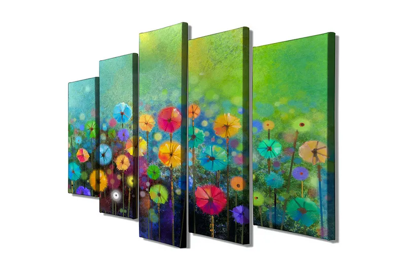 Suuri 5-osainen canvas-taulu 105x70 cm - Värikäs kukkaniitty aurinkovarjon muotoisilla kukilla, Vihreä / Vaaleanpunainen / Sininen