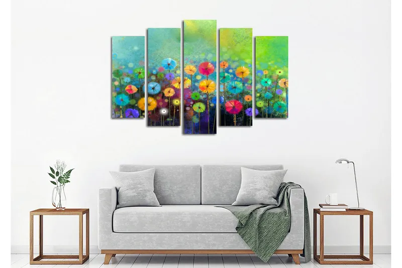 Suuri 5-osainen canvas-taulu 105x70 cm - Värikäs kukkaniitty aurinkovarjon muotoisilla kukilla - Vihreä / Vaaleanpunainen / Sininen - Sisustustuotteet - Taulu & taide - Canvas-taulu