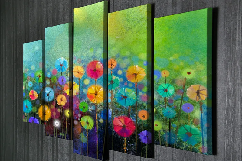 Suuri 5-osainen canvas-taulu 105x70 cm - Värikäs kukkaniitty aurinkovarjon muotoisilla kukilla - Vihreä / Vaaleanpunainen / Sininen - Sisustustuotteet - Taulu & taide - Canvas-taulu