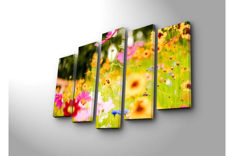 Suuri 5-osainen canvas-taulu 105x70 cm - Värikäs kukkaniitty erilaisilla kukilla - Vaaleanpunainen / Oranssi / Keltainen - Sisustustuotteet - Taulu & taide - Canvas-taulu