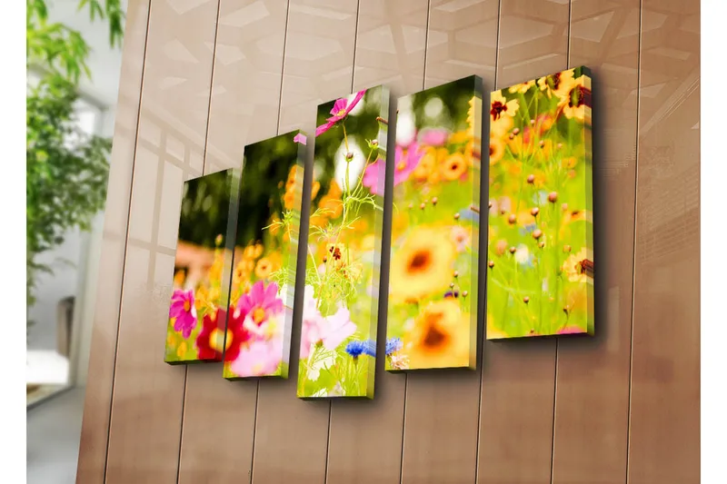 Suuri 5-osainen canvas-taulu 105x70 cm - Värikäs kukkaniitty erilaisilla kukilla - Vaaleanpunainen / Oranssi / Keltainen - Sisustustuotteet - Taulu & taide - Canvas-taulu