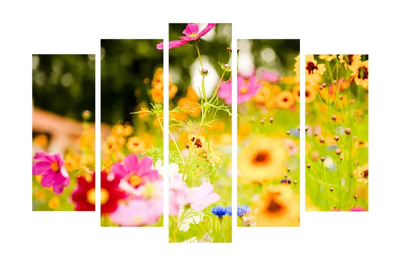 Suuri 5-osainen canvas-taulu 105x70 cm - Värikäs kukkaniitty erilaisilla kukilla - Vaaleanpunainen / Oranssi / Keltainen - Sisustustuotteet - Taulu & taide - Canvas-taulu