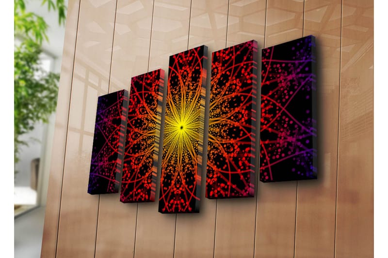 Suuri 5-osainen canvas-taulu 105x70 cm - Värikäs mandala valonsäteillä - Keltainen / Punainen / Musta - Sisustustuotteet - Taulu & taide - Canvas-taulu