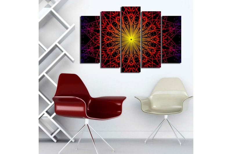 Suuri 5-osainen canvas-taulu 105x70 cm - Värikäs mandala valonsäteillä - Keltainen / Punainen / Musta - Sisustustuotteet - Taulu & taide - Canvas-taulu