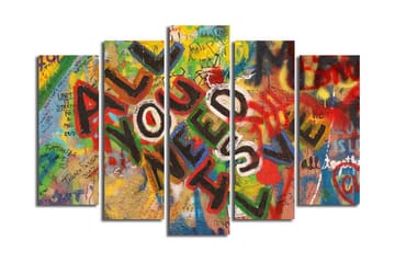 Suuri 5-osainen canvas-taulu 105x70 cm - Värikäs muraali viestillä ALL YOU NEED IS LOVE - Punainen / Vihreä / Keltainen - Sisustustuotteet - Taulu & taide - Canvas-taulu