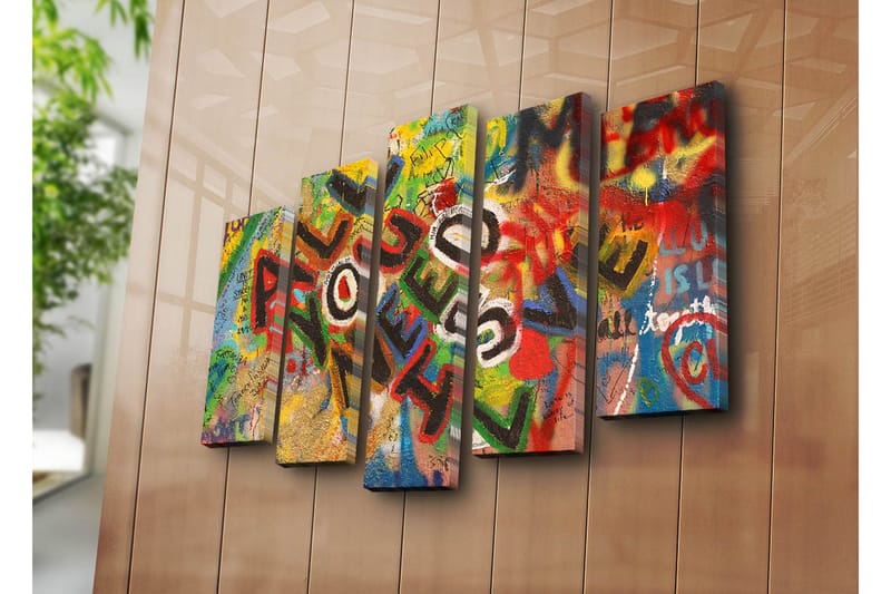 Suuri 5-osainen canvas-taulu 105x70 cm - Värikäs muraali viestillä ALL YOU NEED IS LOVE - Punainen / Vihreä / Keltainen - Sisustustuotteet - Taulu & taide - Canvas-taulu