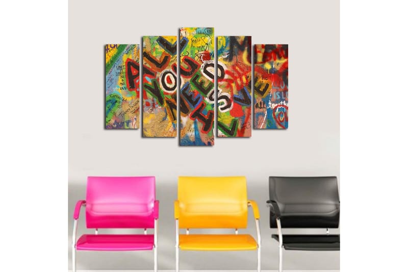 Suuri 5-osainen canvas-taulu 105x70 cm - Värikäs muraali viestillä ALL YOU NEED IS LOVE - Punainen / Vihreä / Keltainen - Sisustustuotteet - Taulu & taide - Canvas-taulu