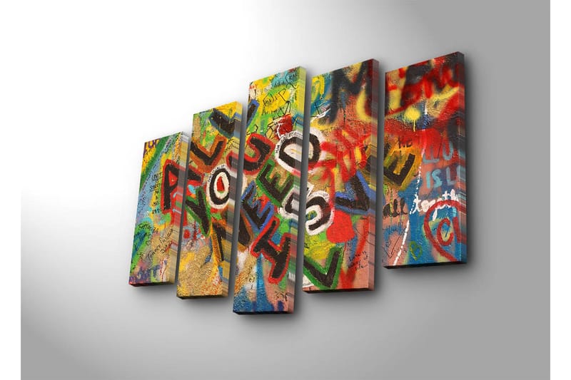 Suuri 5-osainen canvas-taulu 105x70 cm - Värikäs muraali viestillä ALL YOU NEED IS LOVE - Punainen / Vihreä / Keltainen - Sisustustuotteet - Taulu & taide - Canvas-taulu