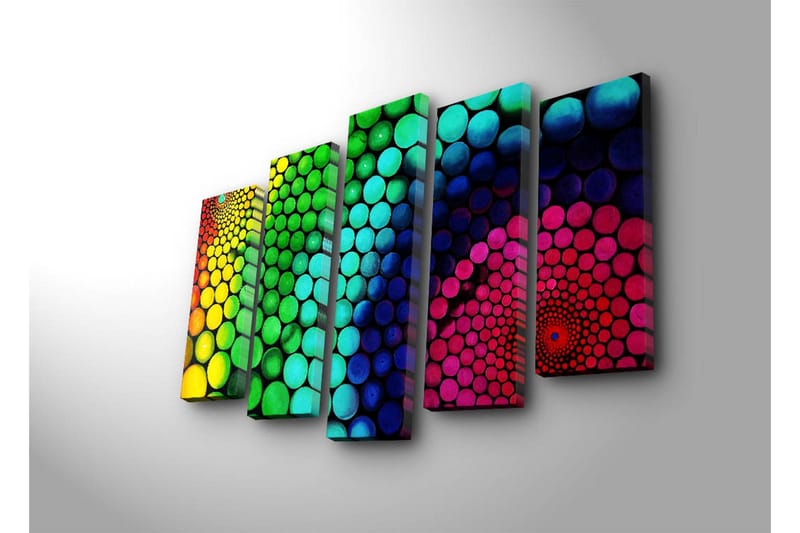Suuri 5-osainen canvas-taulu 105x70 cm - Värikäs spiraalimainen ympyröiden muodostama kokonaisuus eri kokoisina - Vihreä / Sininen / Vaaleanpunainen - Sisustustuotteet - Taulu & taide - Canvas-taulu