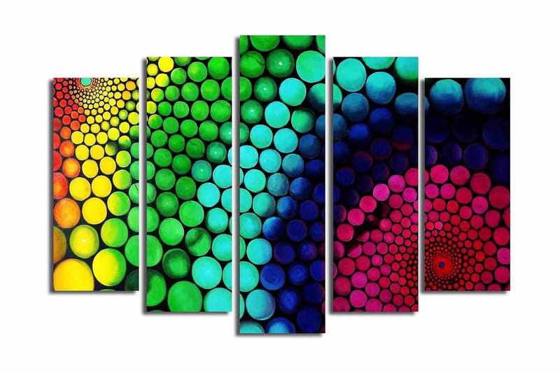 Suuri 5-osainen canvas-taulu 105x70 cm - Värikäs spiraalimainen ympyröiden muodostama kokonaisuus eri kokoisina - Vihreä / Sininen / Vaaleanpunainen - Sisustustuotteet - Taulu & taide - Canvas-taulu