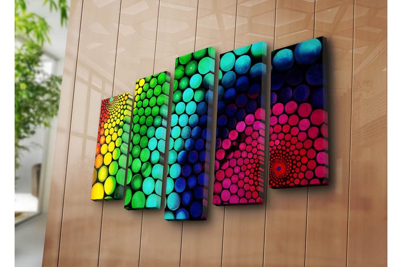 Suuri 5-osainen canvas-taulu 105x70 cm - Värikäs spiraalimainen ympyröiden muodostama kokonaisuus eri kokoisina - Vihreä / Sininen / Vaaleanpunainen - Sisustustuotteet - Taulu & taide - Canvas-taulu