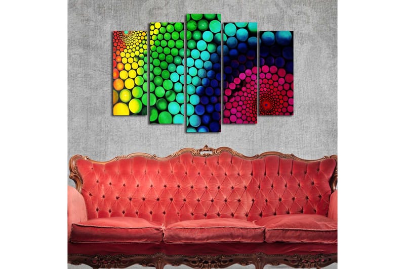 Suuri 5-osainen canvas-taulu 105x70 cm - Värikäs spiraalimainen ympyröiden muodostama kokonaisuus eri kokoisina - Vihreä / Sininen / Vaaleanpunainen - Sisustustuotteet - Taulu & taide - Canvas-taulu
