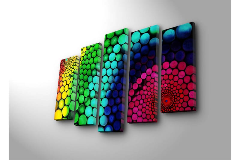 Suuri 5-osainen canvas-taulu 105x70 cm - Värikäs spiraalimainen ympyröiden muodostama kokonaisuus eri kokoisina - Vihreä / Sininen / Vaaleanpunainen - Sisustustuotteet - Taulu & taide - Canvas-taulu
