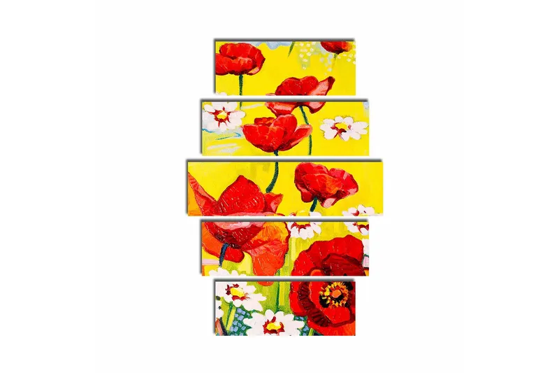 Suuri 5-osainen canvas-taulu 105x70 cm - Värikäs unikko- ja päivänkakkarakimppu, Punainen / Keltainen / Valkoinen