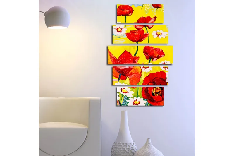 Suuri 5-osainen canvas-taulu 105x70 cm - Värikäs unikko- ja päivänkakkarakimppu - Punainen / Keltainen / Valkoinen - Sisustustuotteet - Taulu & taide - Canvas-taulu
