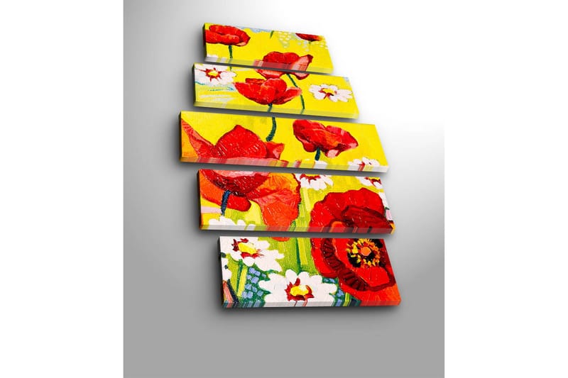 Suuri 5-osainen canvas-taulu 105x70 cm - Värikäs unikko- ja päivänkakkarakimppu - Punainen / Keltainen / Valkoinen - Sisustustuotteet - Taulu & taide - Canvas-taulu