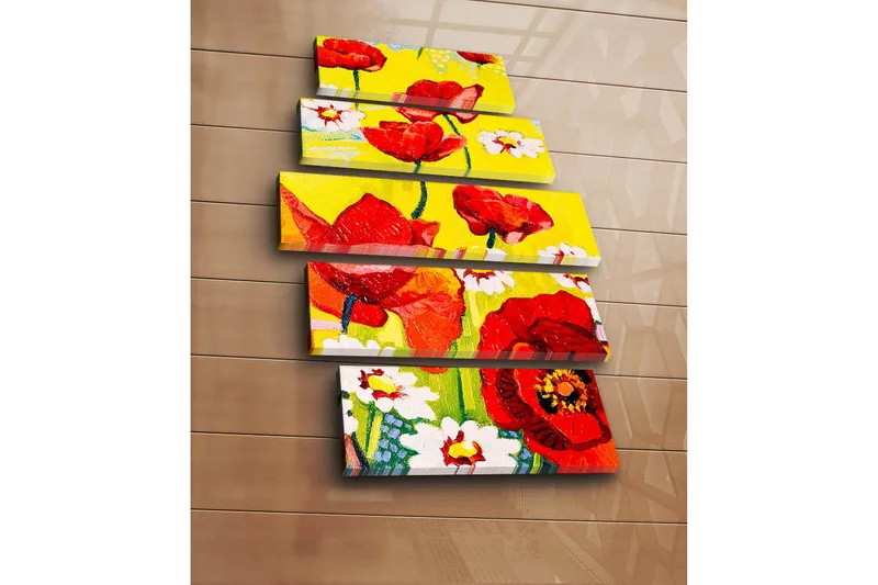 Suuri 5-osainen canvas-taulu 105x70 cm - Värikäs unikko- ja päivänkakkarakimppu - Punainen / Keltainen / Valkoinen - Sisustustuotteet - Taulu & taide - Canvas-taulu