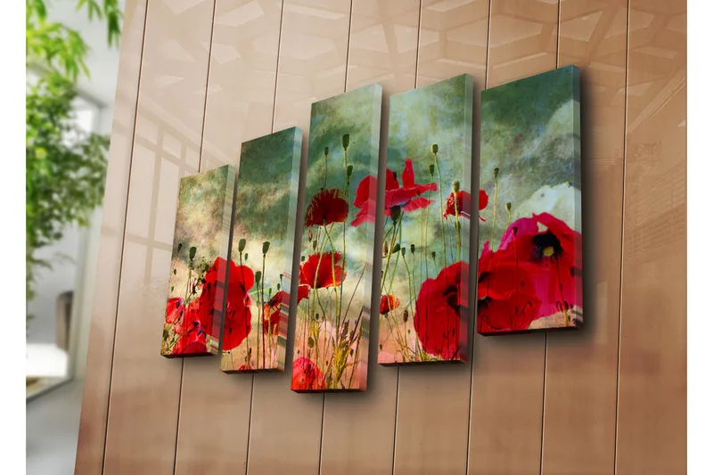 Suuri 5-osainen canvas-taulu 105x70 cm - Värikäs unikkopelto kukkien keskellä - Punainen / Vihreä / Beige - Sisustustuotteet - Taulu & taide - Canvas-taulu