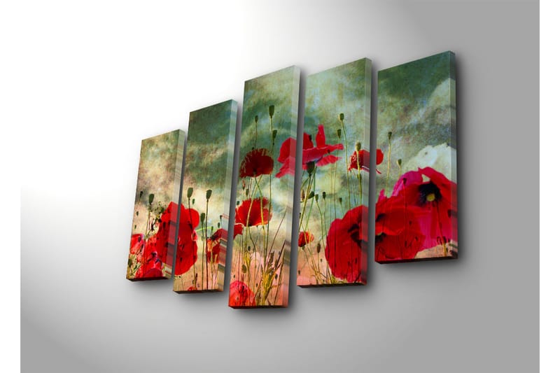 Suuri 5-osainen canvas-taulu 105x70 cm - Värikäs unikkopelto kukkien keskellä - Punainen / Vihreä / Beige - Sisustustuotteet - Taulu & taide - Canvas-taulu