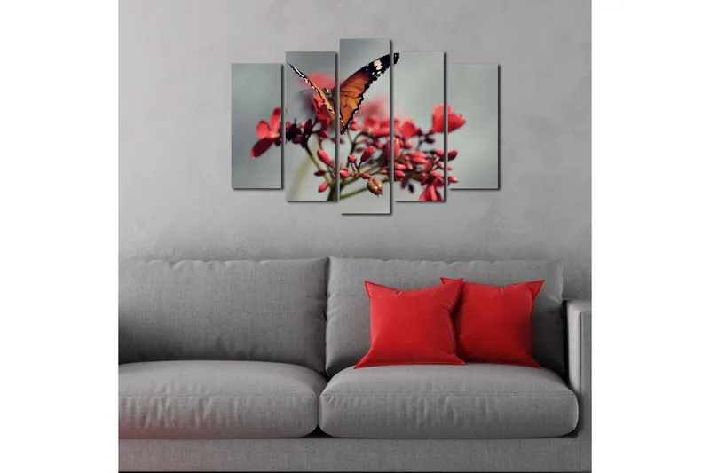 Suuri 5-osainen canvas-taulu 105x70 cm - Värikäs perhonen kukilla - Oranssi / Punainen / Vihreä - Sisustustuotteet - Taulu & taide - Canvas-taulu