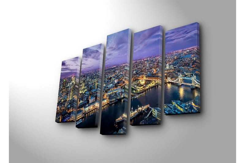 Suuri 5-osainen canvas-taulu 105x70 cm - Värikäs panoraamanäkymä kaupunkiin hämärässä - Violetti / Sininen / Kulta - Sisustustuotteet - Taulu & taide - Canvas-taulu
