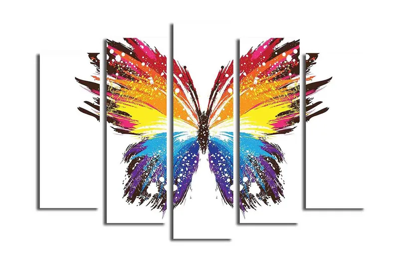 Suuri 5-osainen canvas-taulu 105x70 cm - Värikäs perhonen abstrakteilla siveltimenvedoilla, Keltainen / Sininen / Punainen