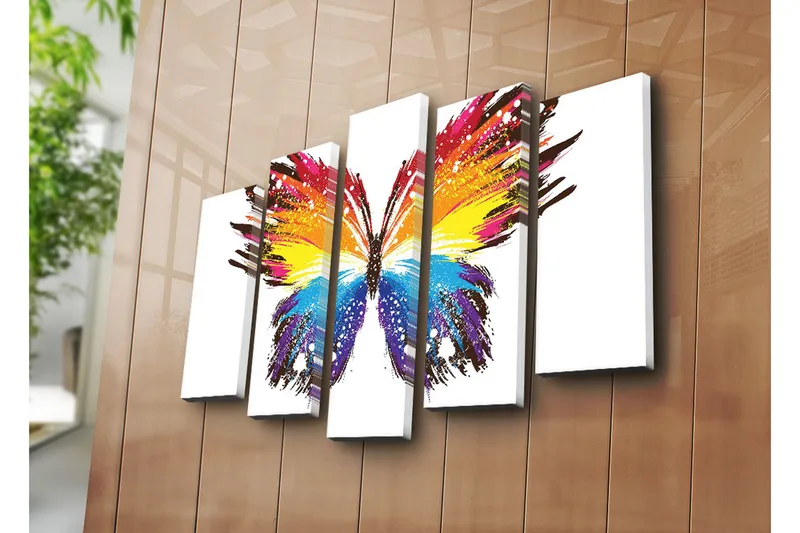 Suuri 5-osainen canvas-taulu 105x70 cm - Värikäs perhonen abstrakteilla siveltimenvedoilla - Keltainen / Sininen / Punainen - Sisustustuotteet - Taulu & taide - Canvas-taulu