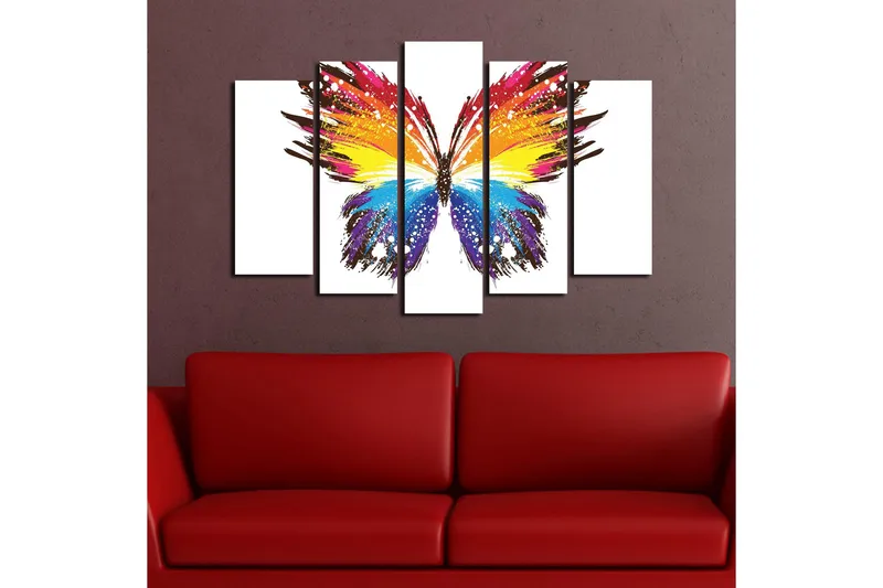 Suuri 5-osainen canvas-taulu 105x70 cm - Värikäs perhonen abstrakteilla siveltimenvedoilla - Keltainen / Sininen / Punainen - Sisustustuotteet - Taulu & taide - Canvas-taulu