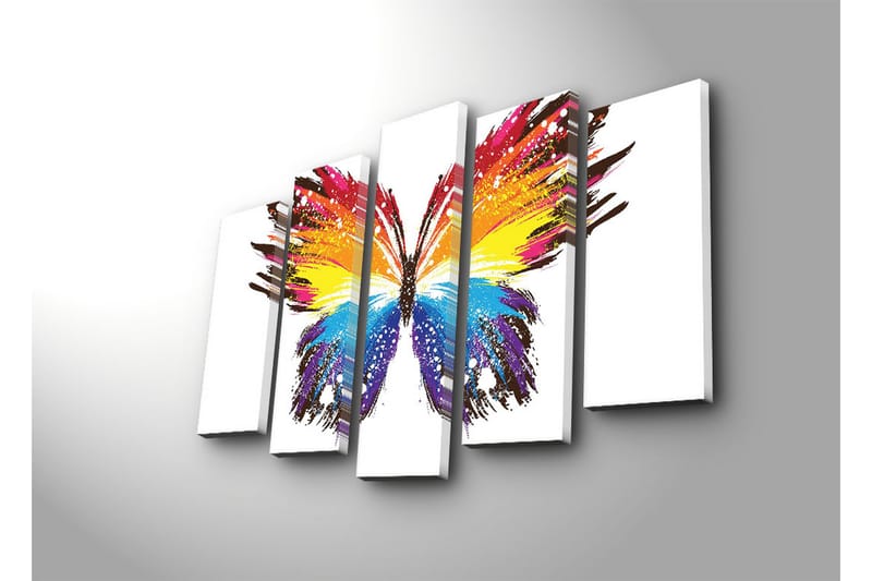Suuri 5-osainen canvas-taulu 105x70 cm - Värikäs perhonen abstrakteilla siveltimenvedoilla - Keltainen / Sininen / Punainen - Sisustustuotteet - Taulu & taide - Canvas-taulu