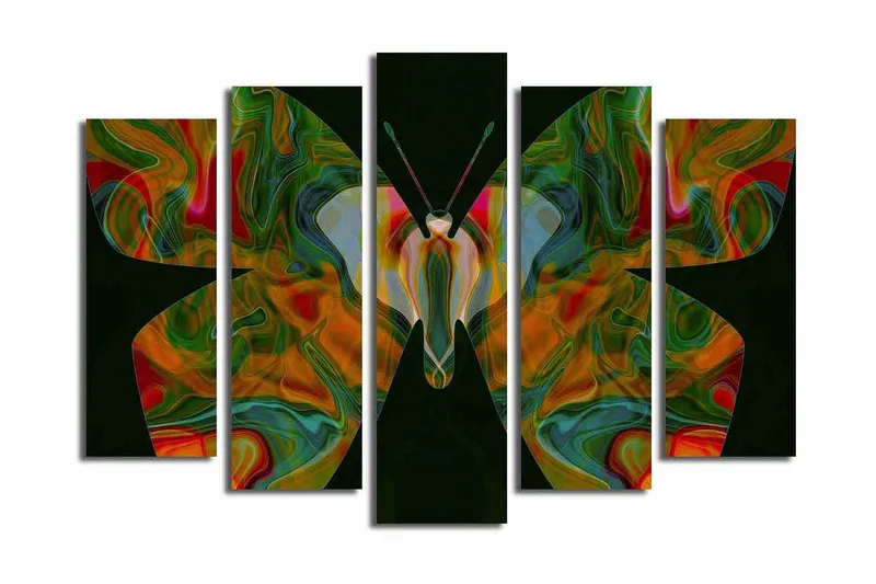 Suuri 5-osainen canvas-taulu 105x70 cm - Värikäs perhonen abstrakteilla kuvioilla, Vihreä / Punainen / Oranssi