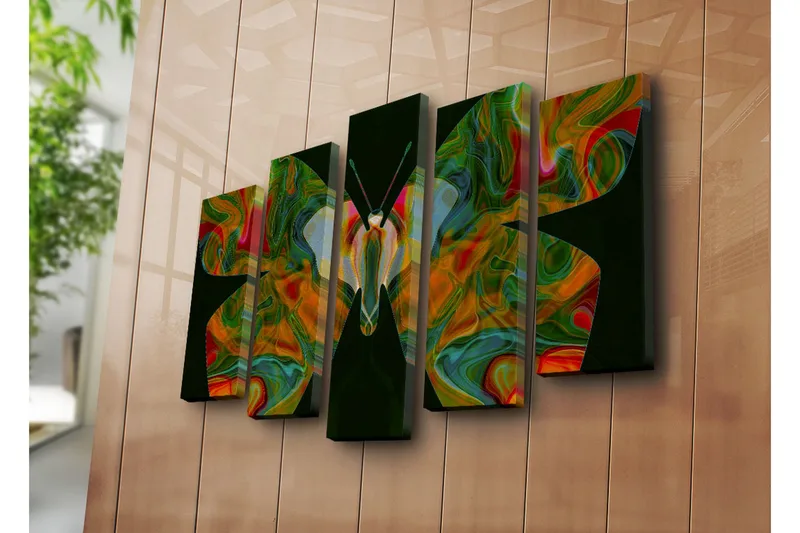 Suuri 5-osainen canvas-taulu 105x70 cm - Värikäs perhonen abstrakteilla kuvioilla - Vihreä / Punainen / Oranssi - Sisustustuotteet - Taulu & taide - Canvas-taulu