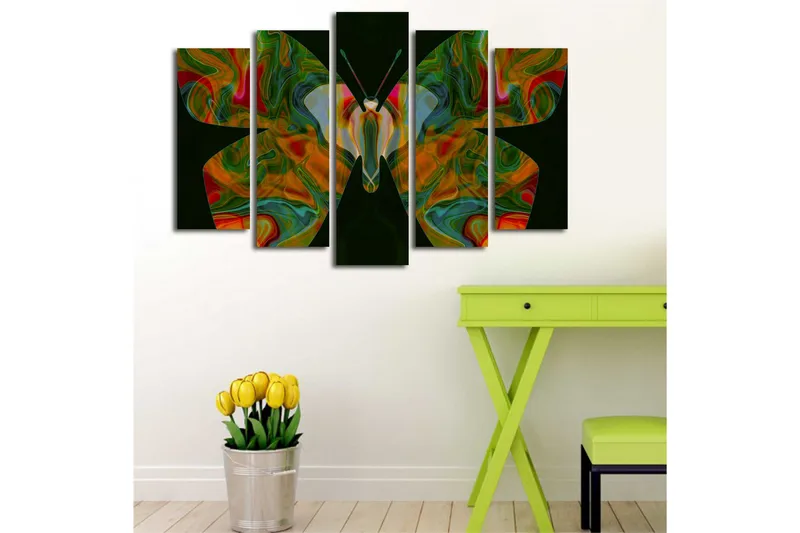 Suuri 5-osainen canvas-taulu 105x70 cm - Värikäs perhonen abstrakteilla kuvioilla - Vihreä / Punainen / Oranssi - Sisustustuotteet - Taulu & taide - Canvas-taulu