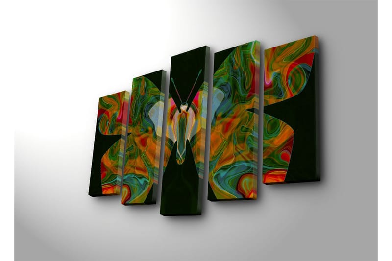 Suuri 5-osainen canvas-taulu 105x70 cm - Värikäs perhonen abstrakteilla kuvioilla - Vihreä / Punainen / Oranssi - Sisustustuotteet - Taulu & taide - Canvas-taulu