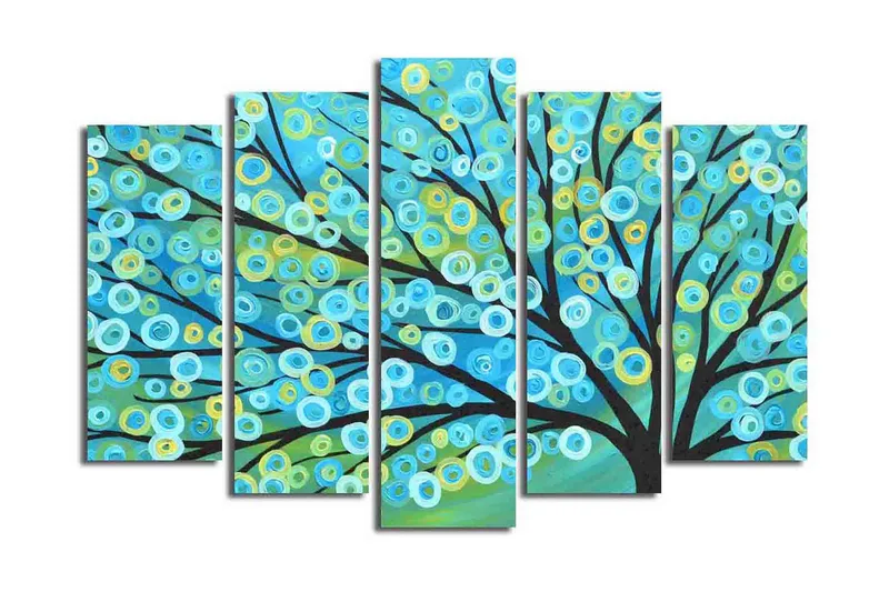 Suuri 5-osainen canvas-taulu 105x70 cm - Värikäs puun latvus pyöreillä lehdillä, Sininen / Vihreä / Keltainen