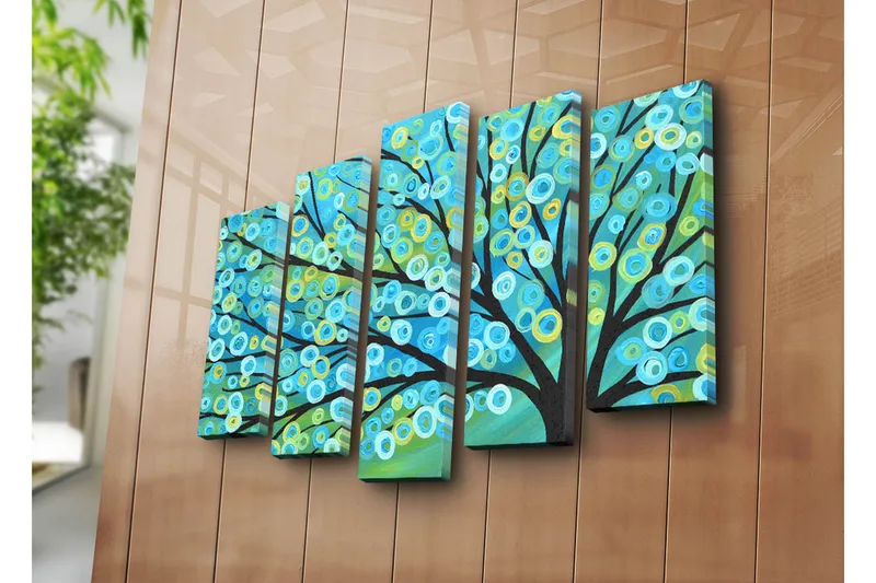 Suuri 5-osainen canvas-taulu 105x70 cm - Värikäs puun latvus pyöreillä lehdillä - Sininen / Vihreä / Keltainen - Sisustustuotteet - Taulu & taide - Canvas-taulu