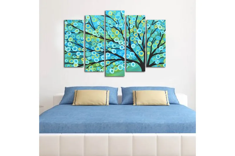 Suuri 5-osainen canvas-taulu 105x70 cm - Värikäs puun latvus pyöreillä lehdillä - Sininen / Vihreä / Keltainen - Sisustustuotteet - Taulu & taide - Canvas-taulu
