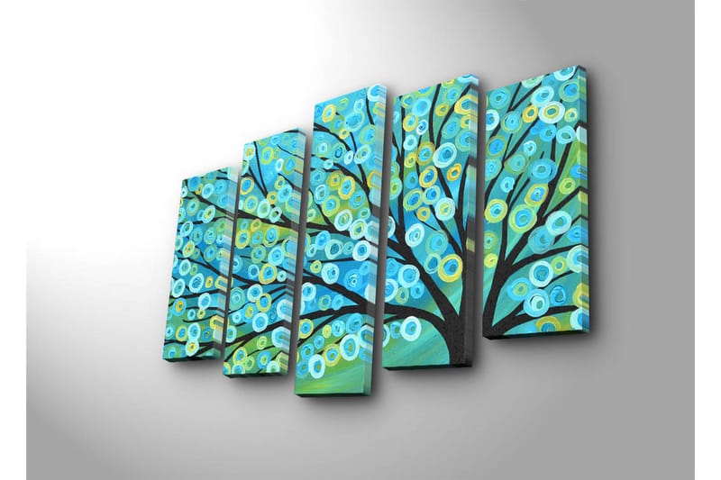 Suuri 5-osainen canvas-taulu 105x70 cm - Värikäs puun latvus pyöreillä lehdillä - Sininen / Vihreä / Keltainen - Sisustustuotteet - Taulu & taide - Canvas-taulu