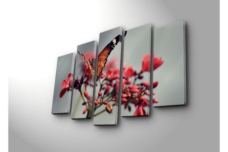 Suuri 5-osainen canvas-taulu 105x70 cm - Värikäs perhonen kukilla - Oranssi / Punainen / Vihreä - Sisustustuotteet - Taulu & taide - Canvas-taulu