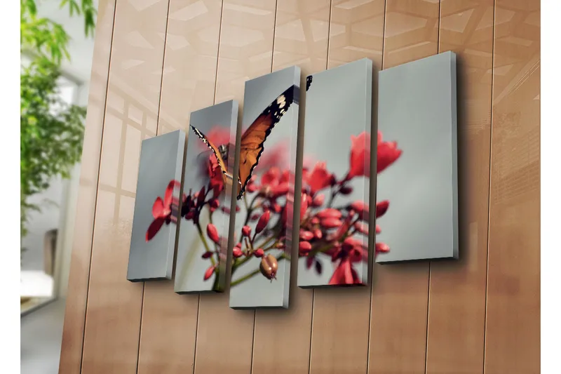 Suuri 5-osainen canvas-taulu 105x70 cm - Värikäs perhonen kukilla - Oranssi / Punainen / Vihreä - Sisustustuotteet - Taulu & taide - Canvas-taulu