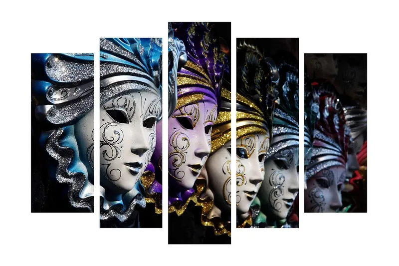 Suuri 5-osainen canvas-taulu 105x70 cm - Värikkäät naamiot monimutkaisilla kuvioilla, Sininen / Violetti / Hopea